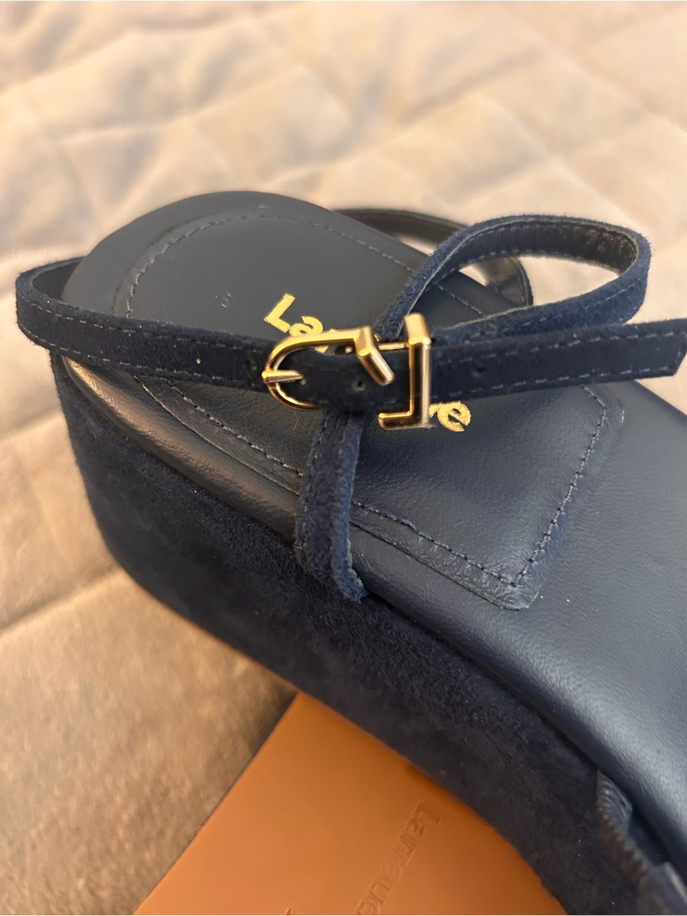 Larroude Gio navy leather platform wedge sandals size 8 - Picture 5 of 9